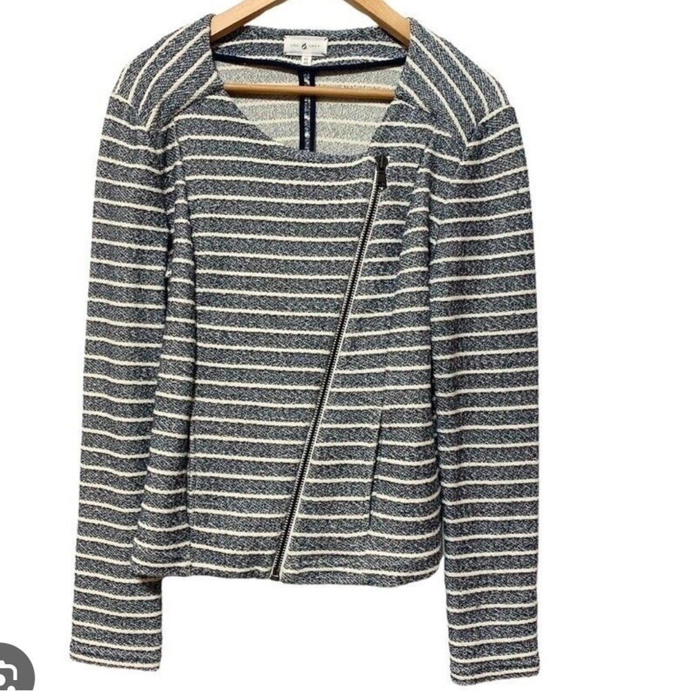 Lou & Grey Striped Asymmetrical Zip Knit Jacket Women's Medium‎ Blue White